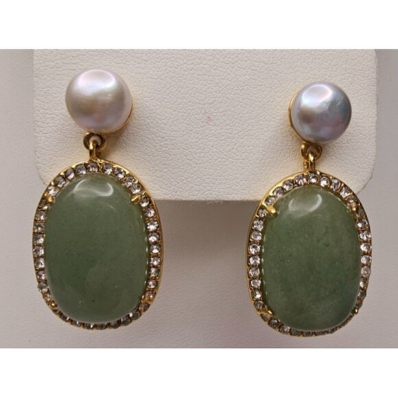 J Crew Large Baldwin Pave Stone Freshwater Pearl Drop Apple Green Earrings - Picture 2 of 5